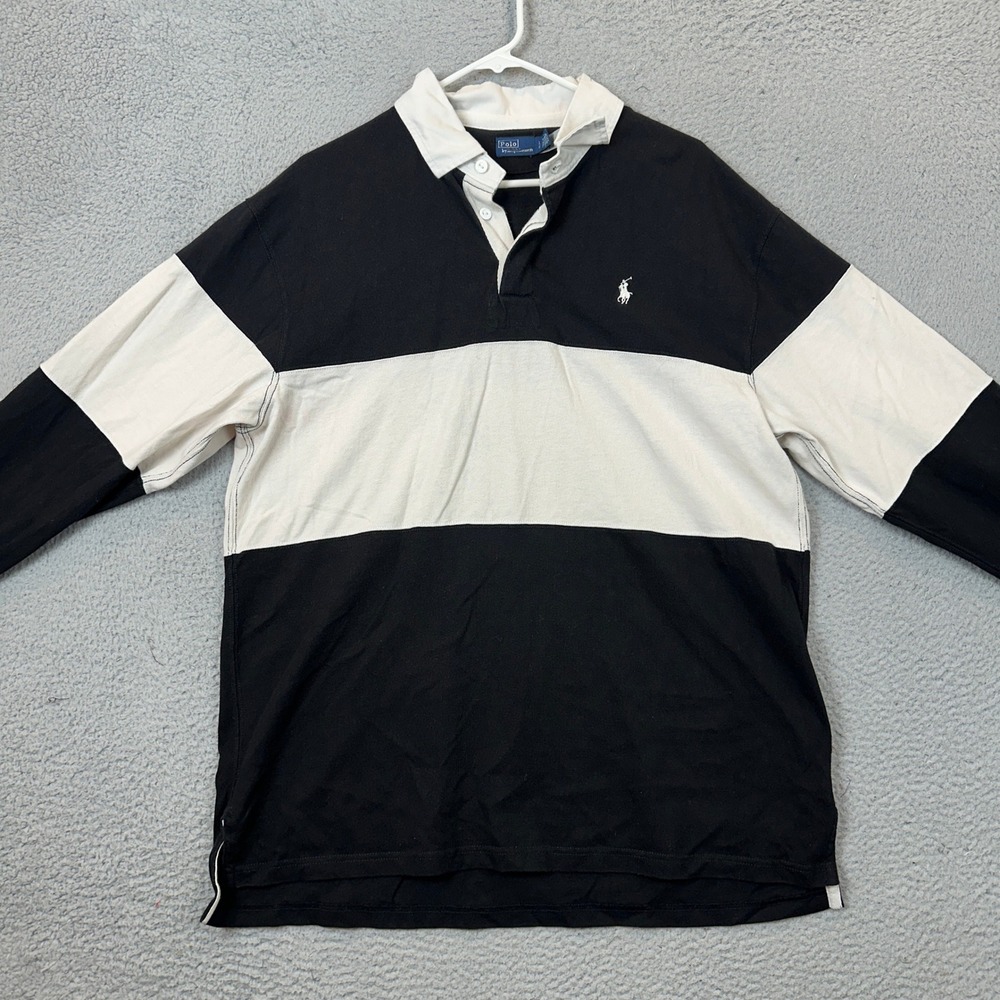 Polo Ralph Lauren Rugby Shirt Mens L Striped Black White Long Sleeve